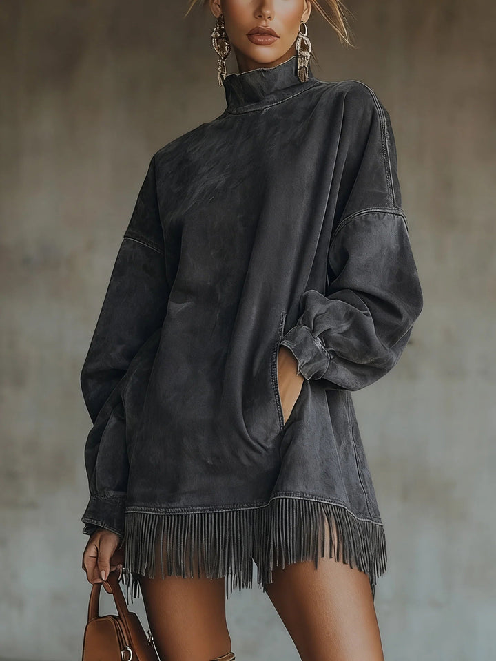 Lavinia Faux Suede Turtleneck Dress With Fringe Hem
